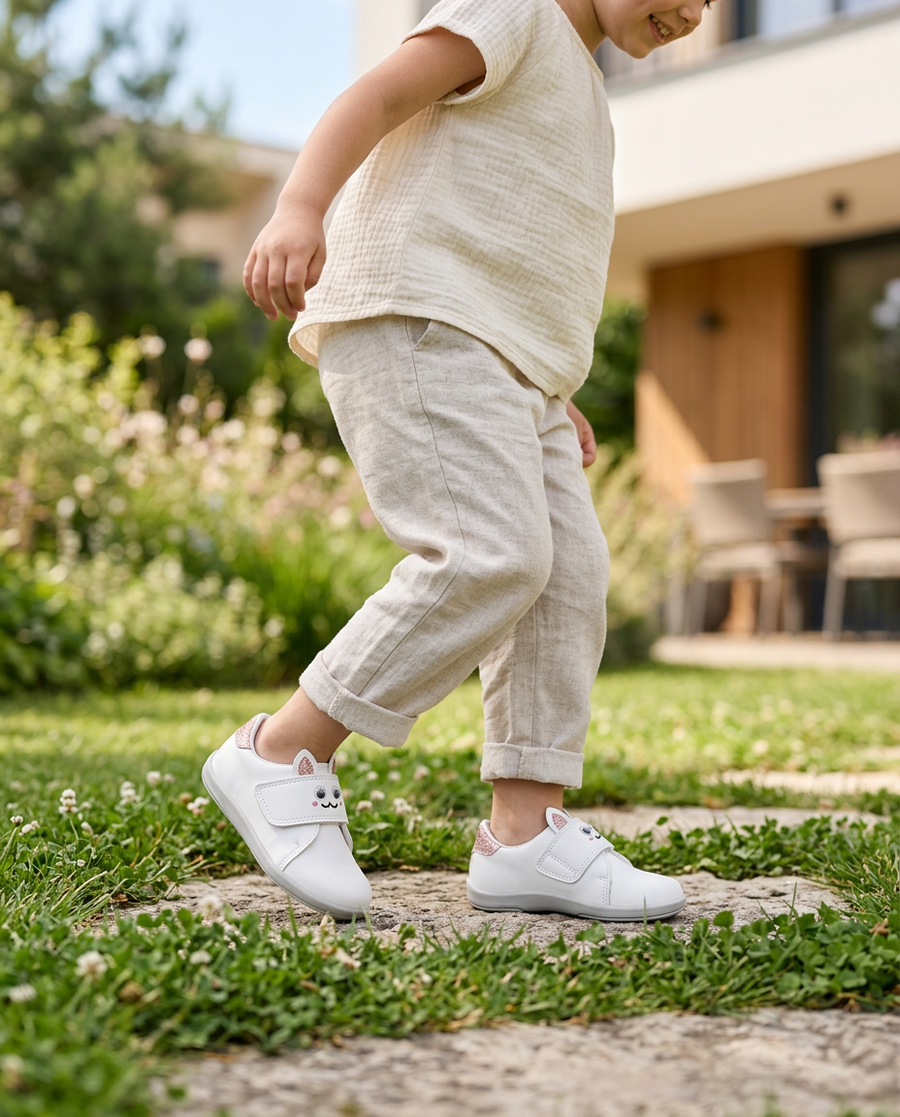 Niña con zapatos barefoot blancos BLUMB WONDER Conejo